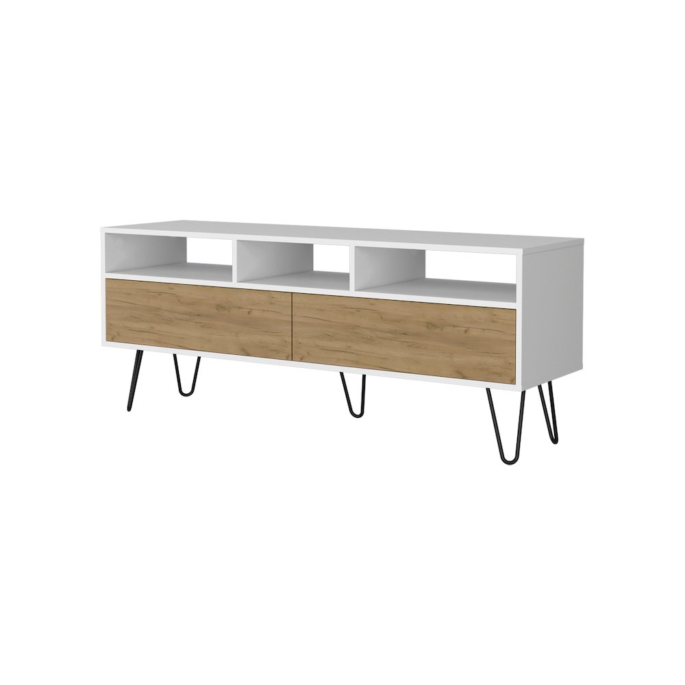 Olds TV Stand with 2 Doors and Open Storage, White and Natural Oak. Picture 1