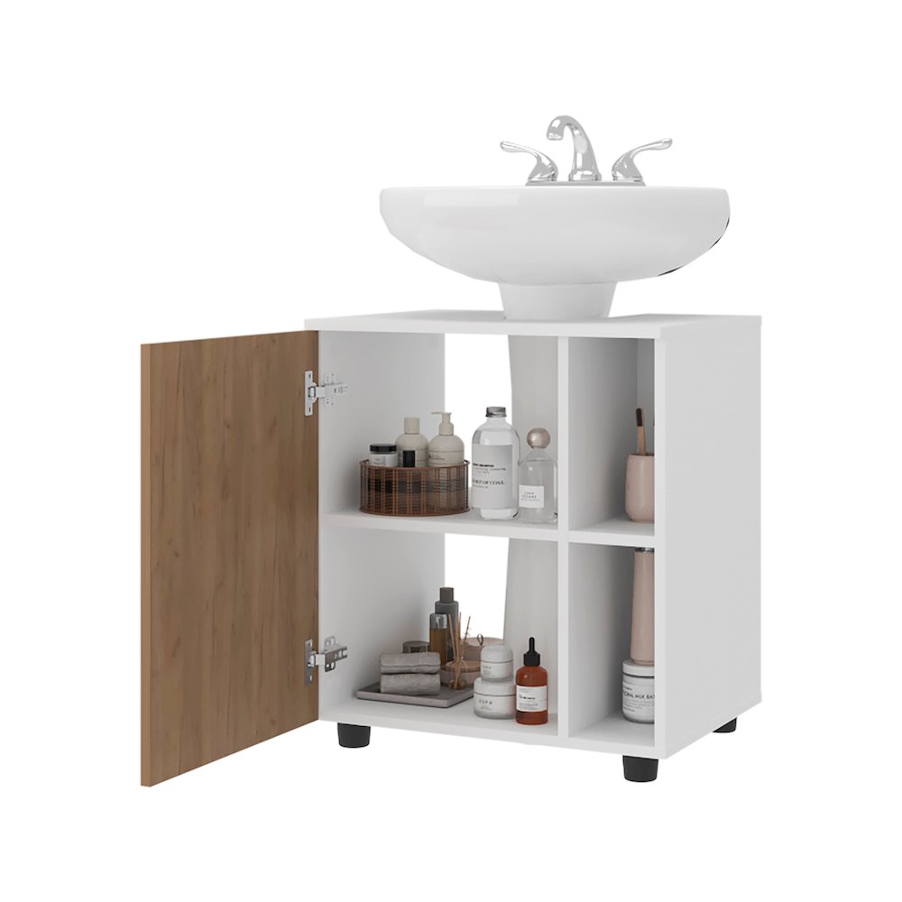 Under Pedestal Sink Cabinet, 1 Door, 5 Open Compartments,  White and Natural Oak. Picture 5
