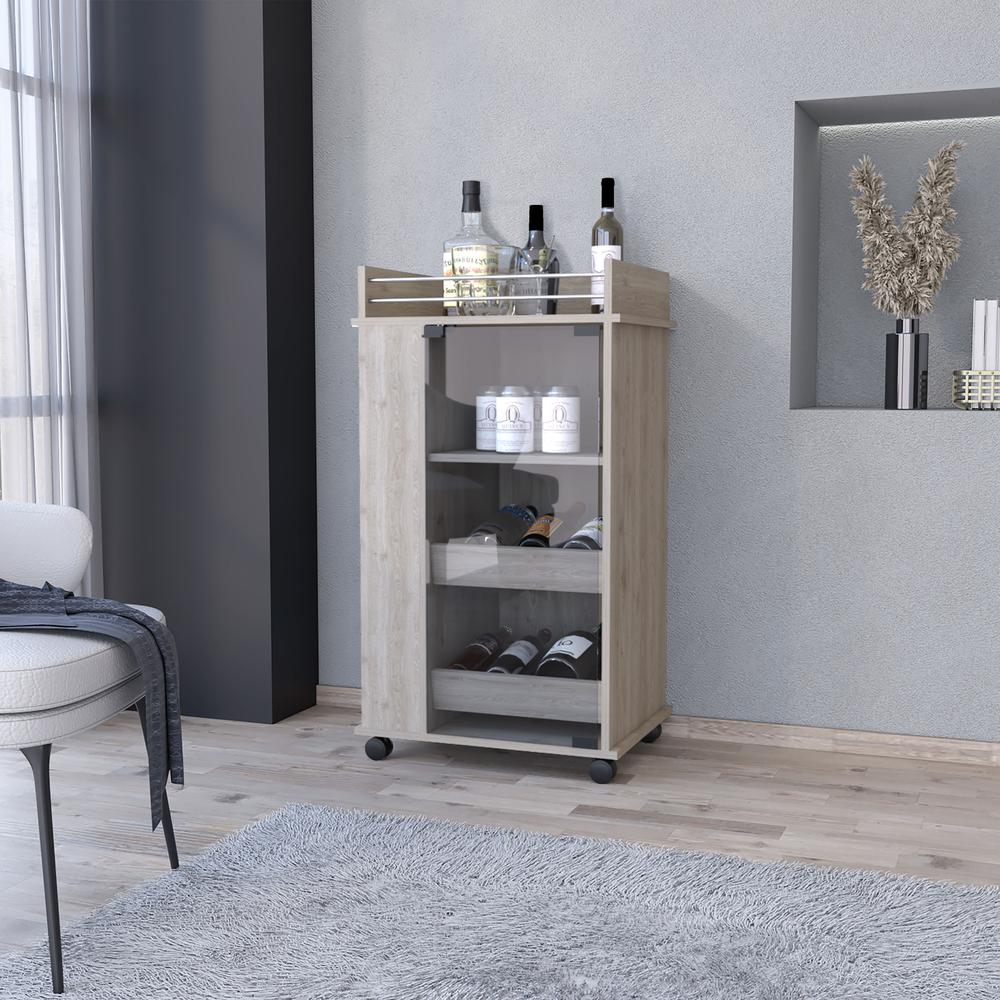 Lusk Bar Cart with 2-Bottle Holder Shelf, Glass Door and Casters. Picture 4