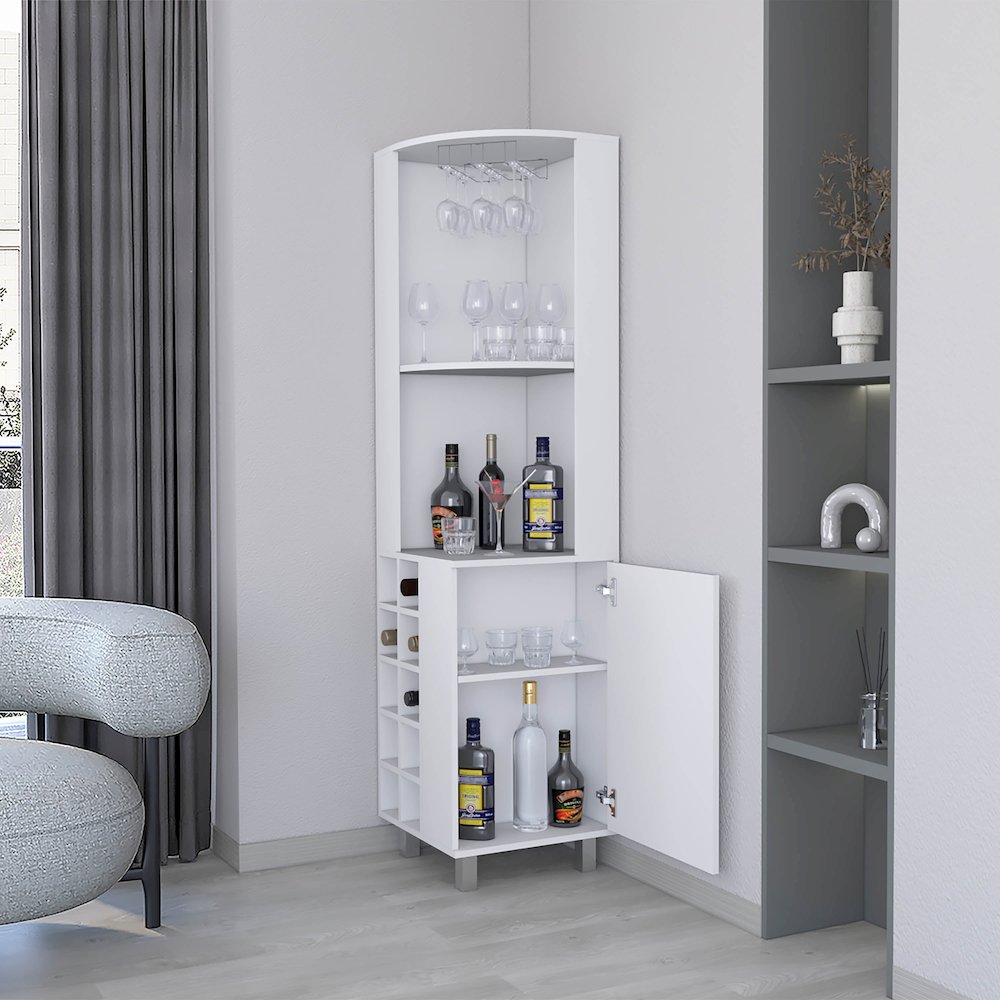Leah Corner Bar cabinet with ample storage and wine rack, White. Picture 3
