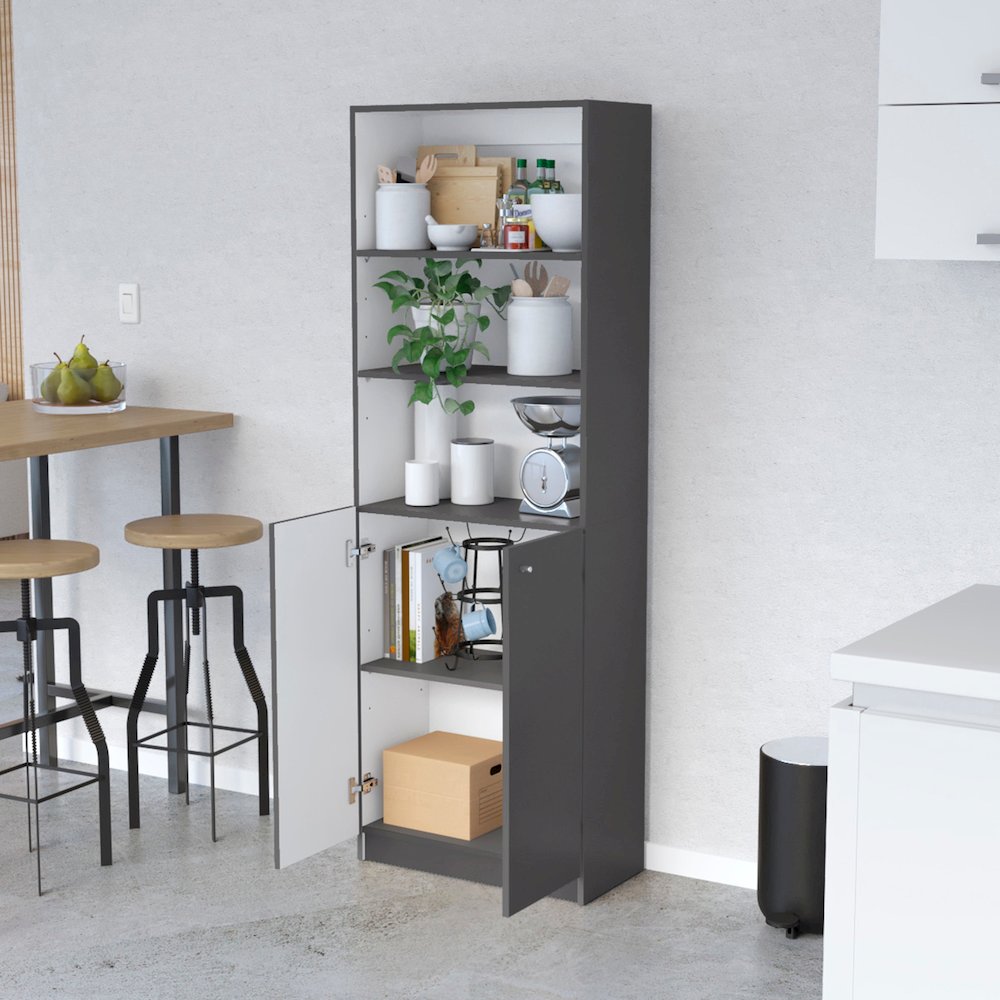 Sutton 2-Door Bookcase, Storage with Multi-Level Shelves, Matt Gray / White. Picture 3