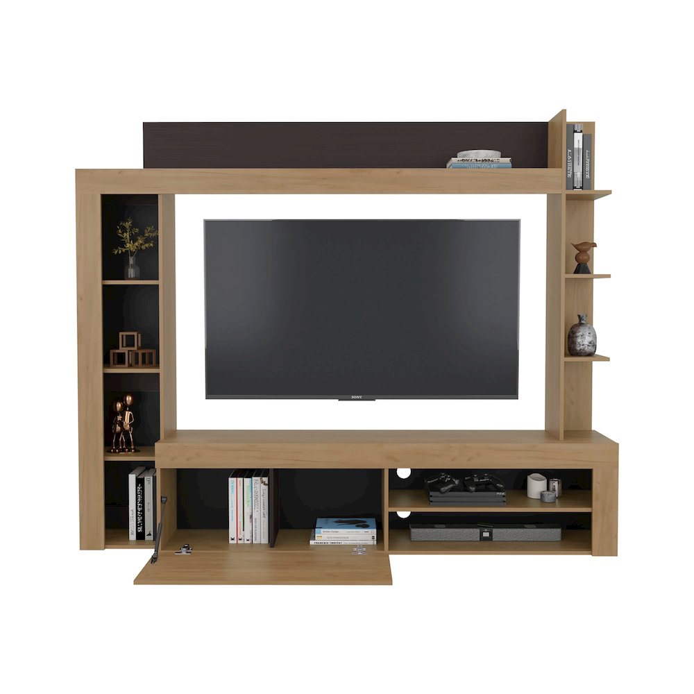 Entertainment Center, TV Stand 70" with Shelves and Cabinets, Natural Oak. Picture 3