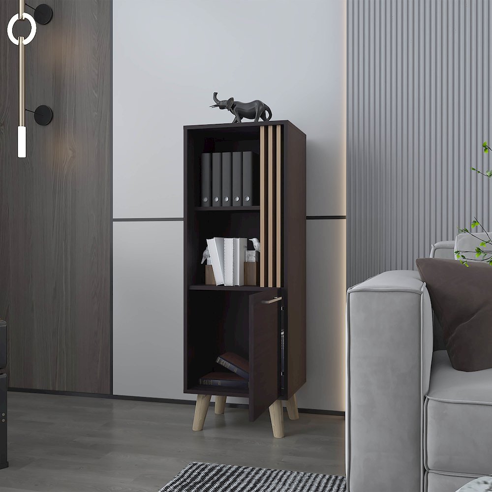 Ac Chin Storage Cabinet with a Door and Open Storage, Wengue + Natural Oak. Picture 3