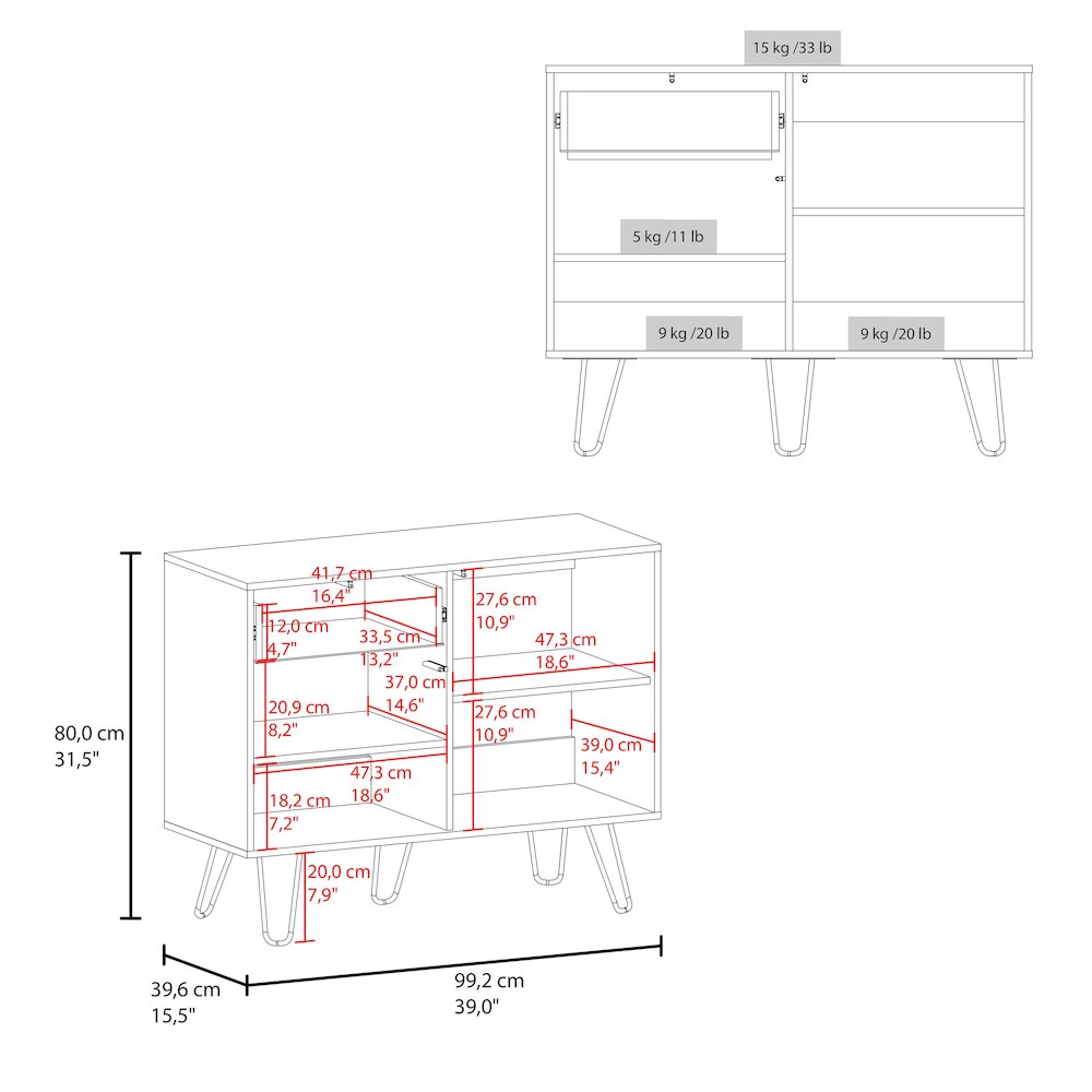 Red Rock Sideboard with Hairpin Legs, White and Natural Oak Finish. Picture 2