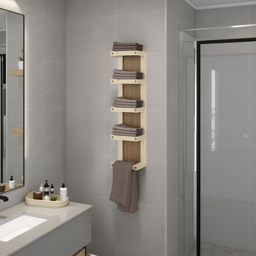 5-Tier Wall Towel Rack, Slim Vertical Organizer with Shelves, Natural Oak. Picture 4