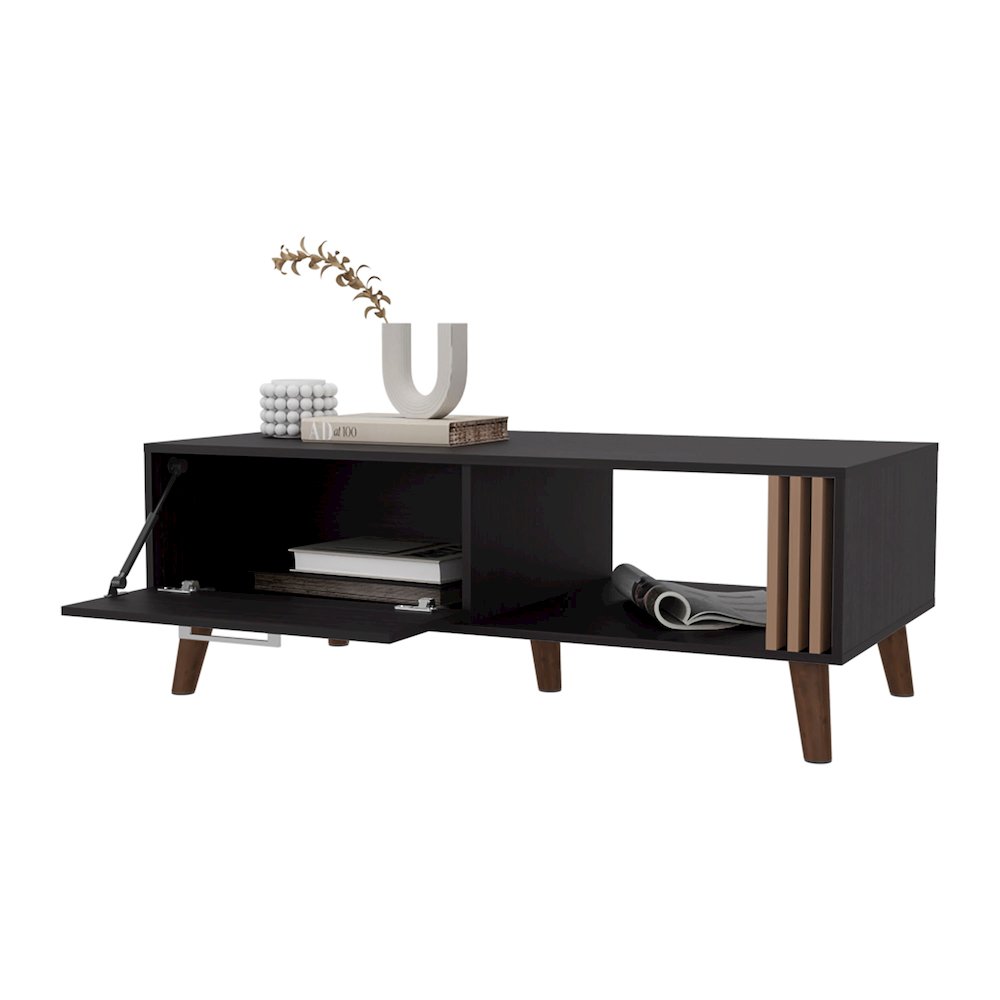 Govan Coffee Table with a Door, Conical Legs, and Open Storage, Wengue. Picture 5