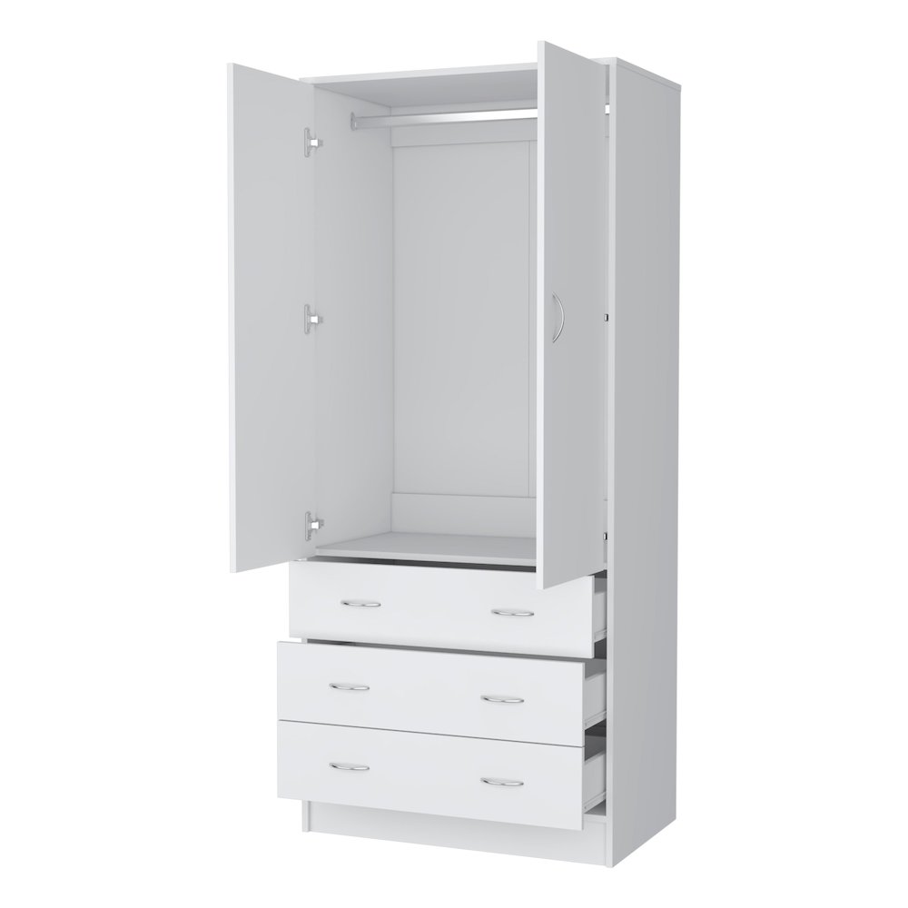 Prescott Armoire, with 2 doors, 3 drawers and 1 hanging rod, White. Picture 3