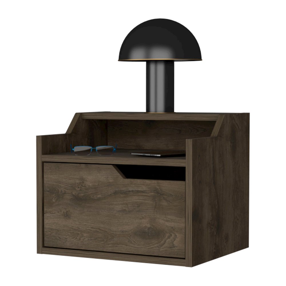 Florence Floating Nightstand with Drawer and Dual-Shelf Display, Dark Brown. Picture 6