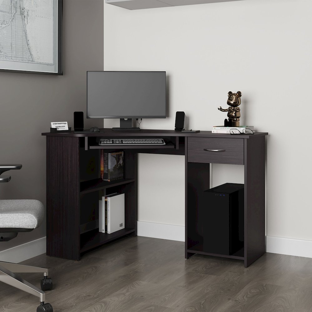 Corner Computer Desk, L-Shaped Home Office Desk with Drawer, Shelves. Picture 8