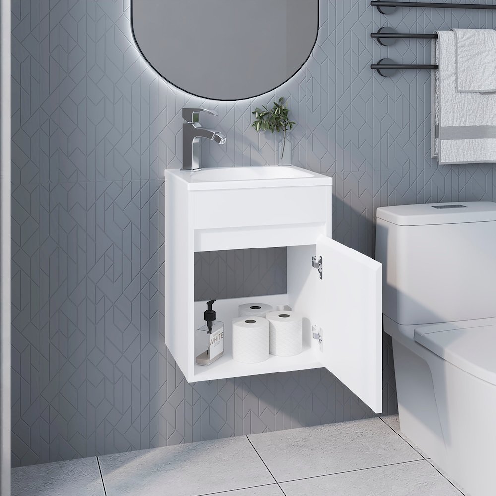 White Bathroom Floating Vanity with Sink, 1 Door, White. Picture 3
