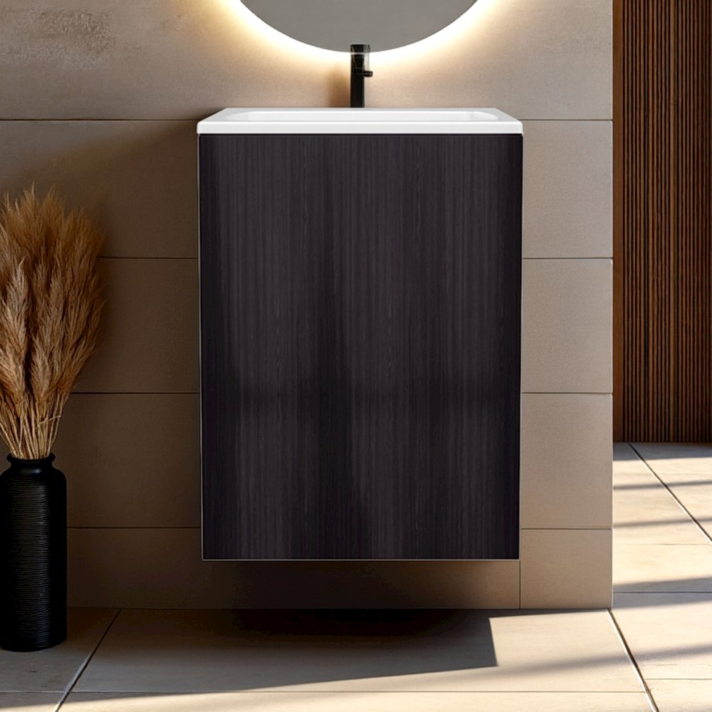 Compact Vanity Cabinet, Single Door, Two Open Side Shelves, Natural Oak. Picture 7