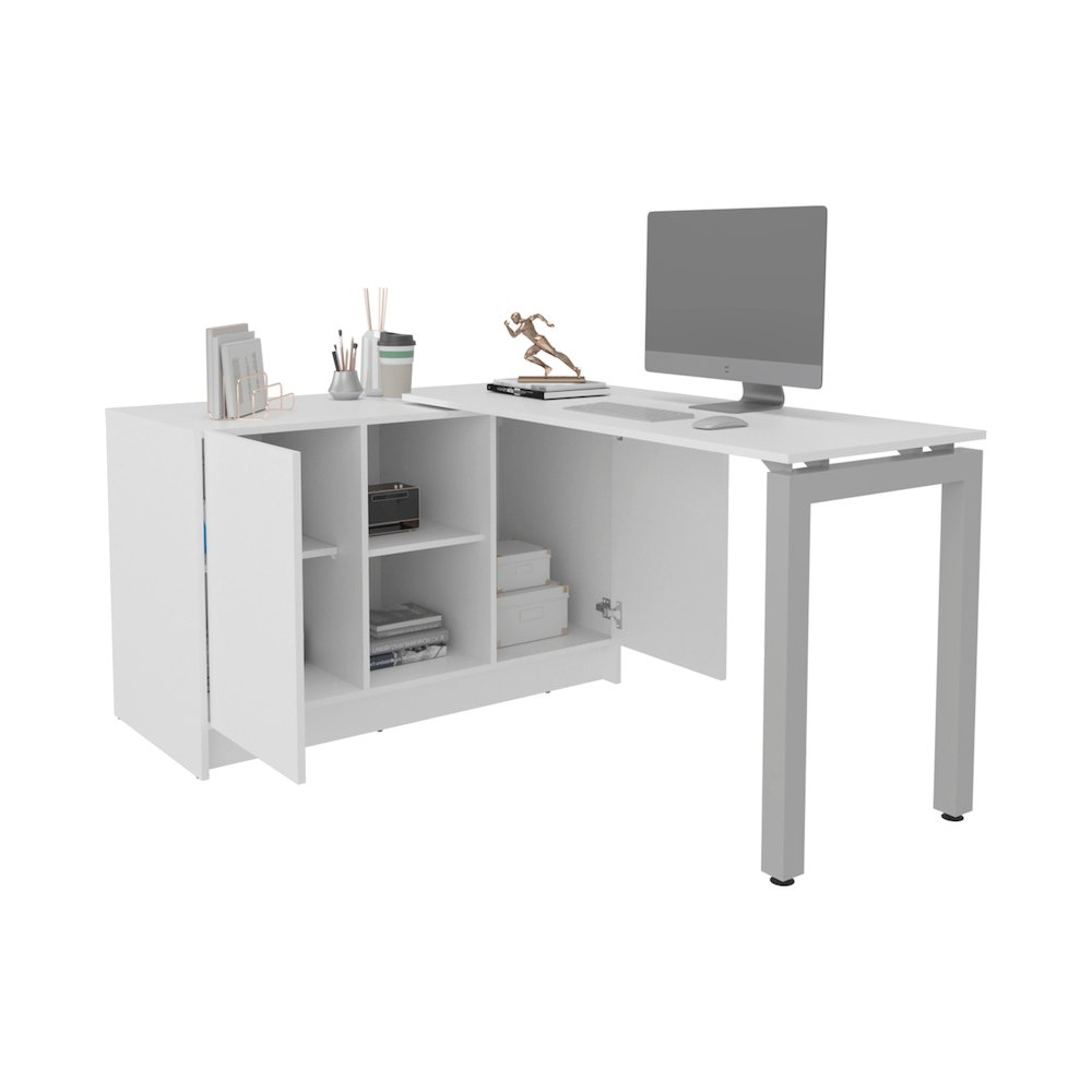 Elfrida Desk, Two Open Storage Shelves, Contemporary Space-Saving Design, White. Picture 3