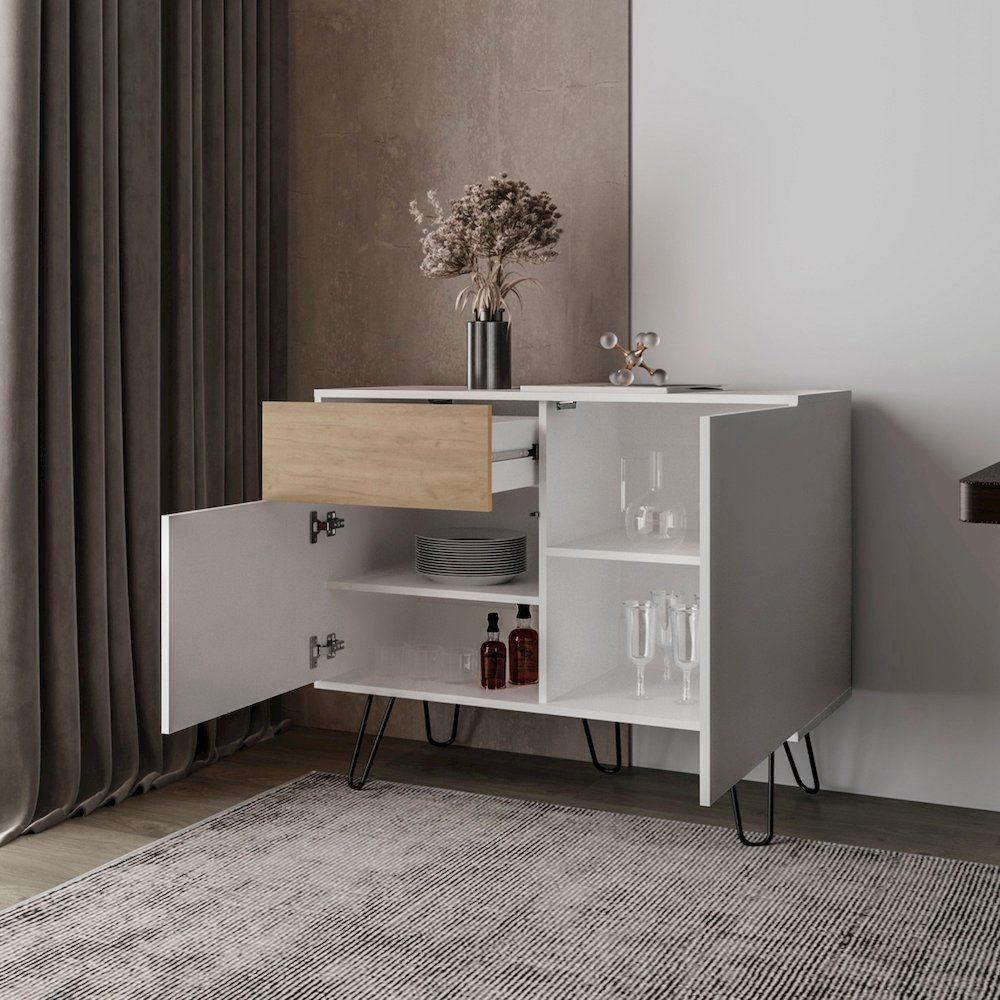 Red Rock Sideboard with Hairpin Legs, White and Natural Oak Finish. Picture 3