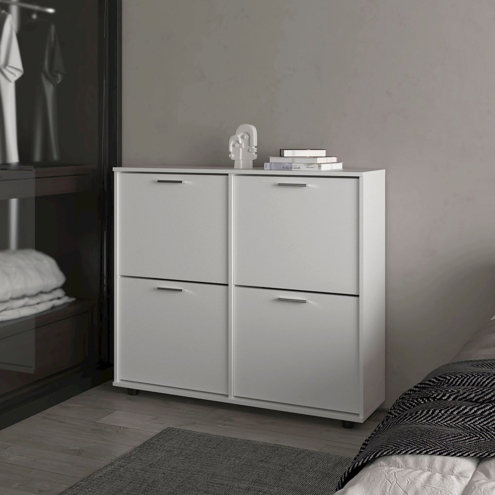 Tilt-Out Shoe Storage Cabinet with Multiple Compartments and Modern Desig, White. Picture 4