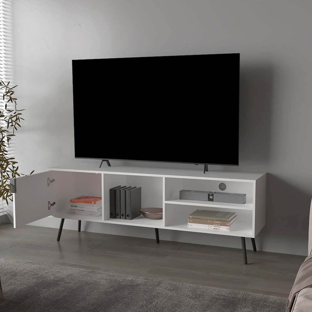 Mescal Tv Stand Multistorage with a Door and Open Storage, White. Picture 3