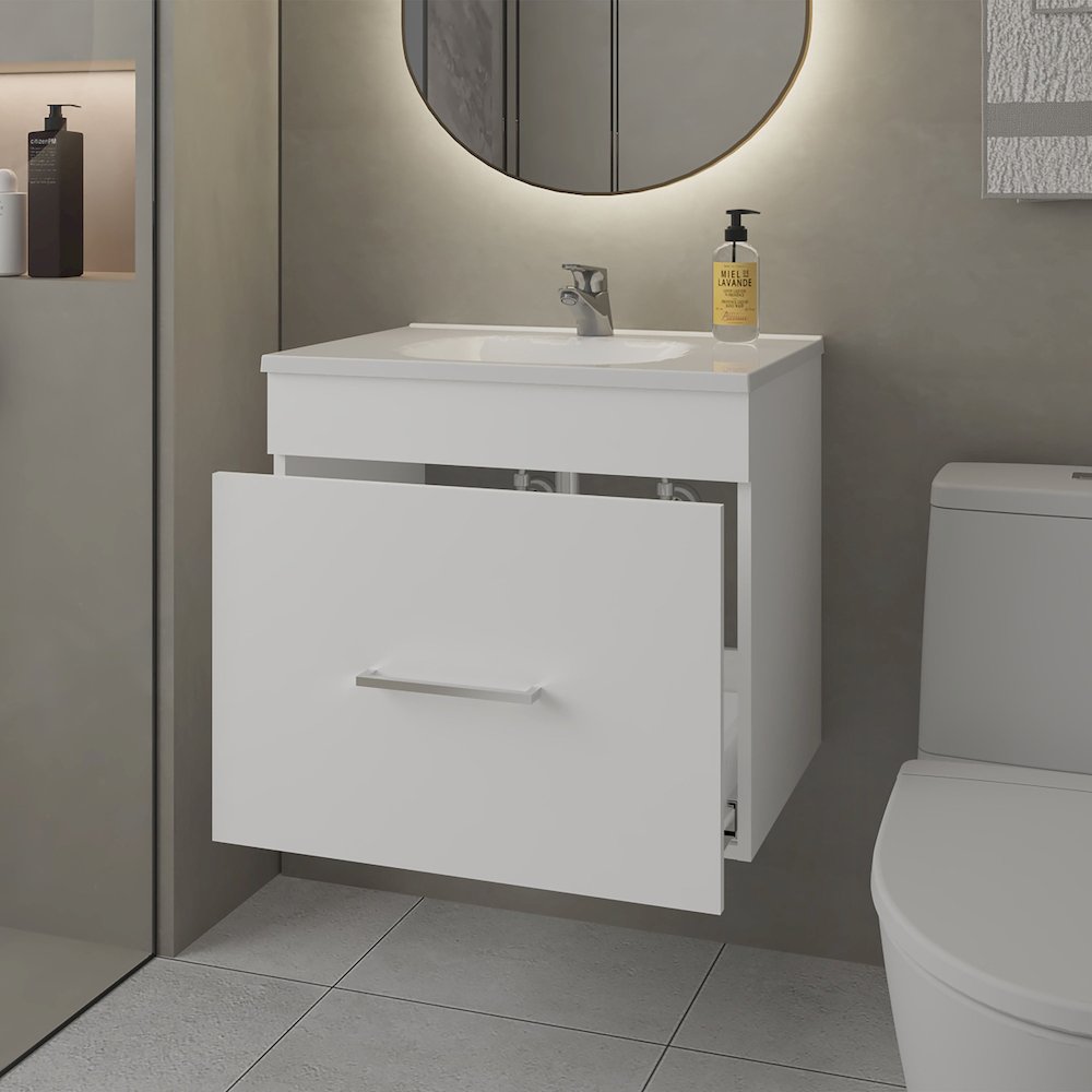 Story Floating Bathroom Vanity Set with Sink, One Drawer White. Picture 3