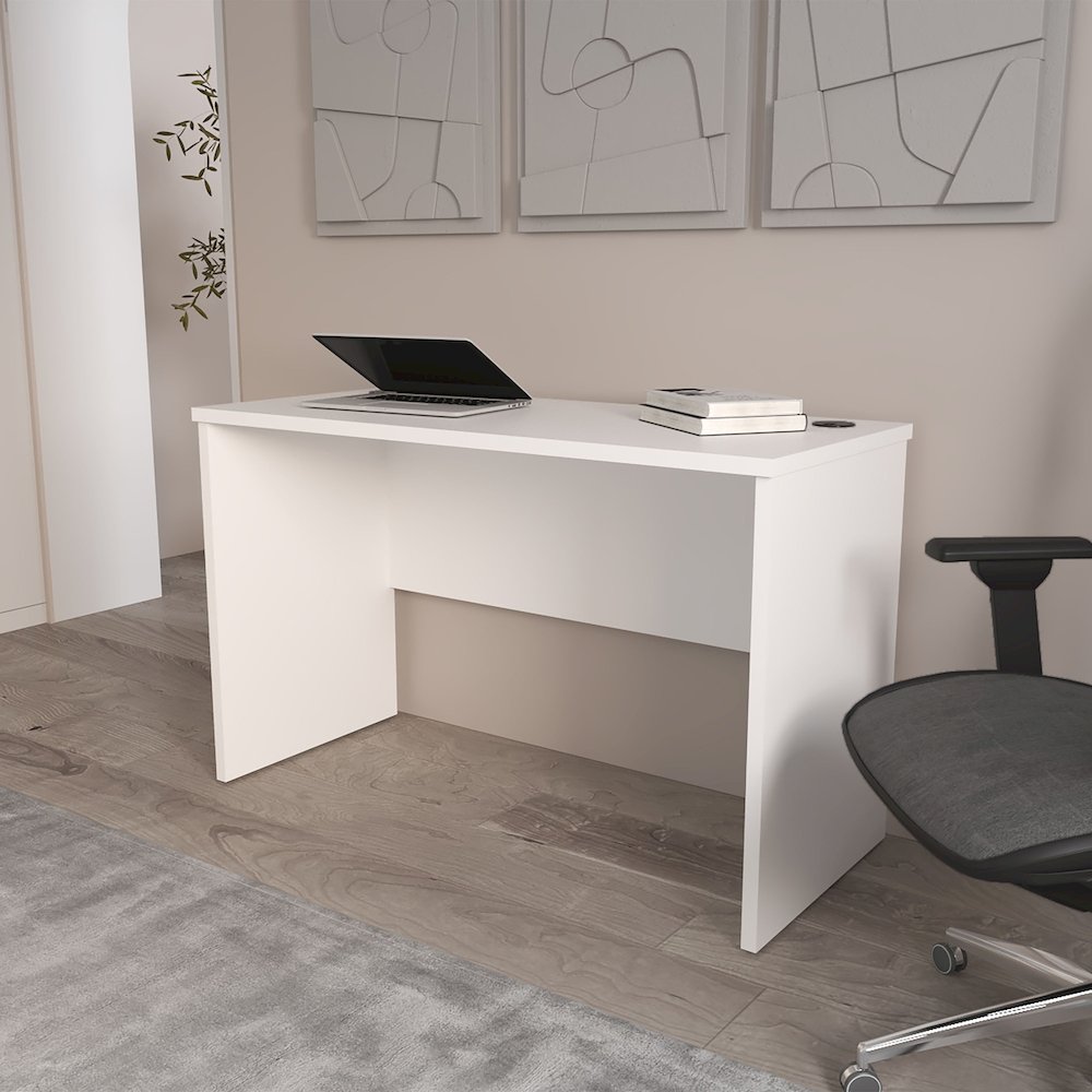 Rough Rock Minimalist Home Office Work Desk with Cable Management , White. Picture 3