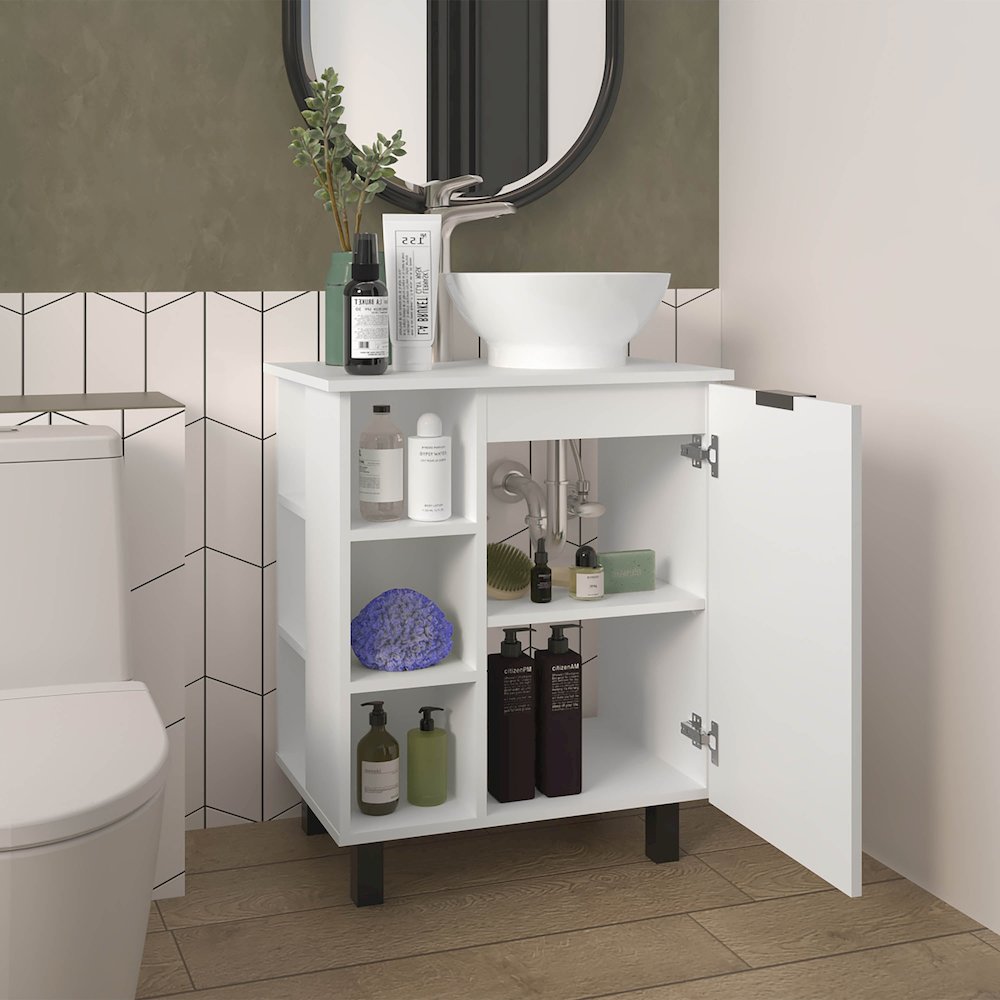Pinal Bathroom Vanity, Single Door, 8 Storage Shelves (6 Open + 2 Closed) White. Picture 3