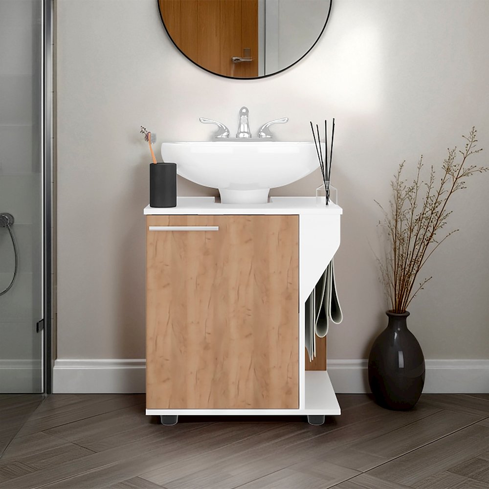 Under Sink Storage Cabinet for Pedestal Sink, White and Natural Oak. Picture 7