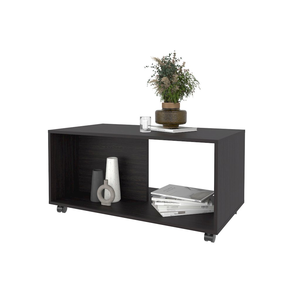 Gu Oidak Coffee Table with Open Storage and Caster Wheels, Wengue. Picture 4