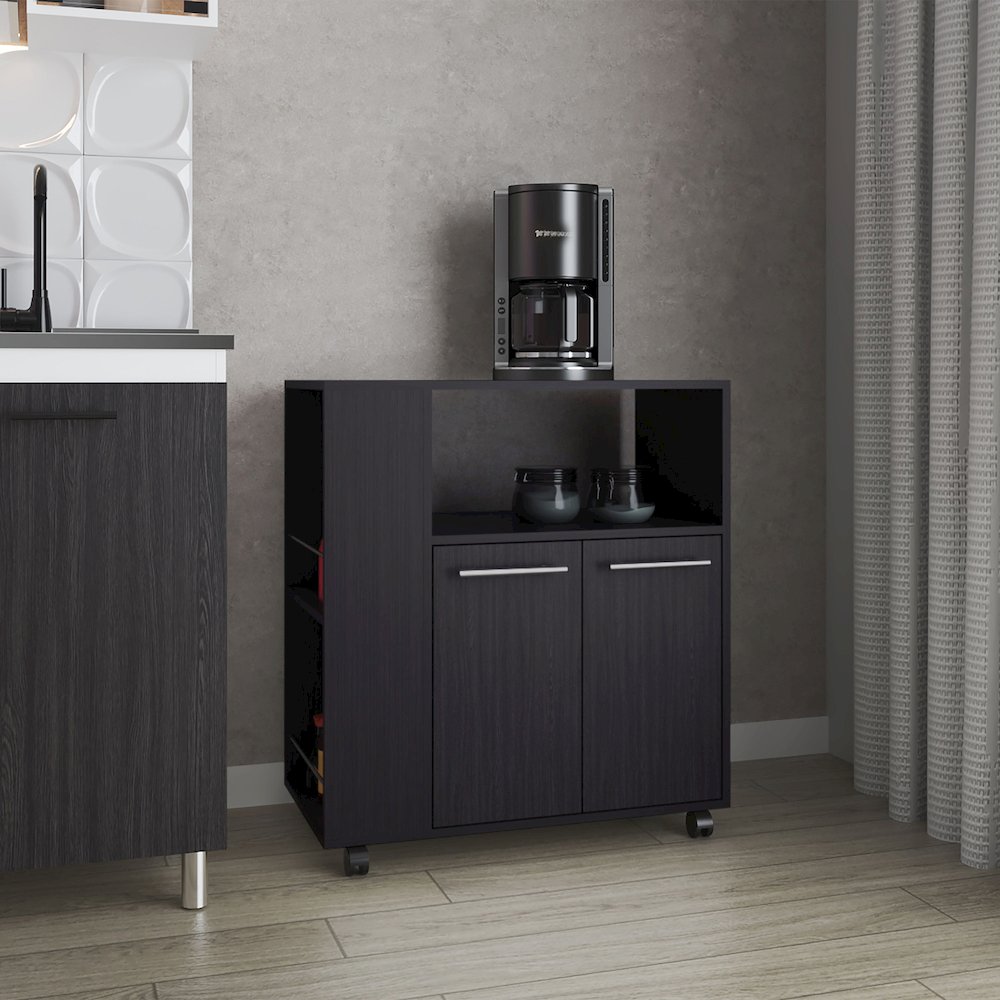Kitchen Cart with Microwave Shelf, Open Storage, and Two-Door Cabinet, Wengue. Picture 4