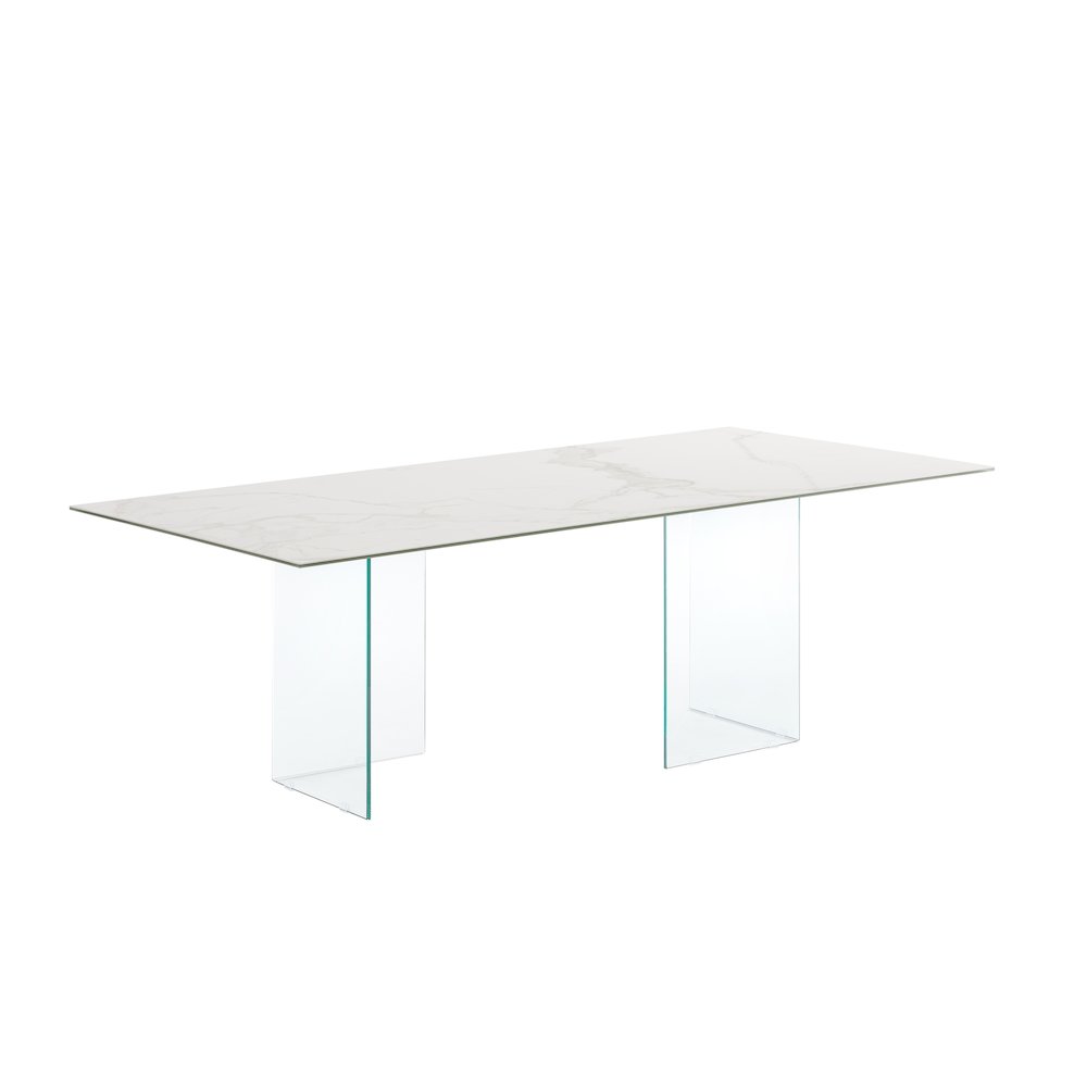 Miami Dining Table With Clear Base And White Marbled Porcelain Top. Picture 3