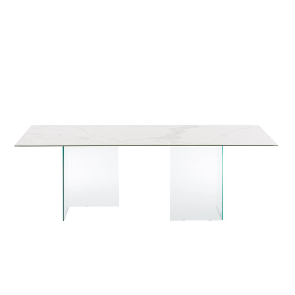 Miami Dining Table With Clear Base And White Marbled Porcelain Top. Picture 1