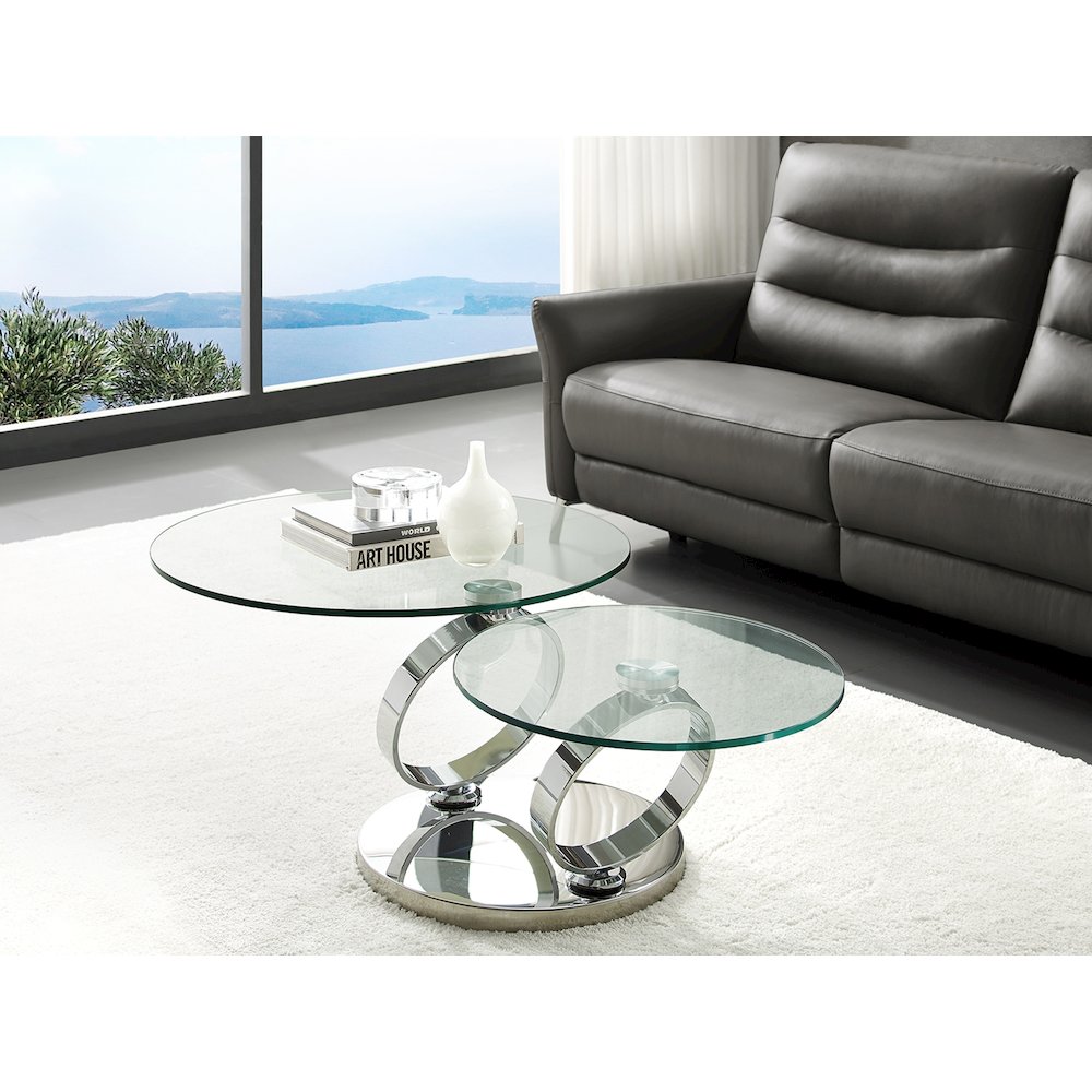 Satellite Round Extendable Swivel Coffee Table In Clear Glass. Picture 2