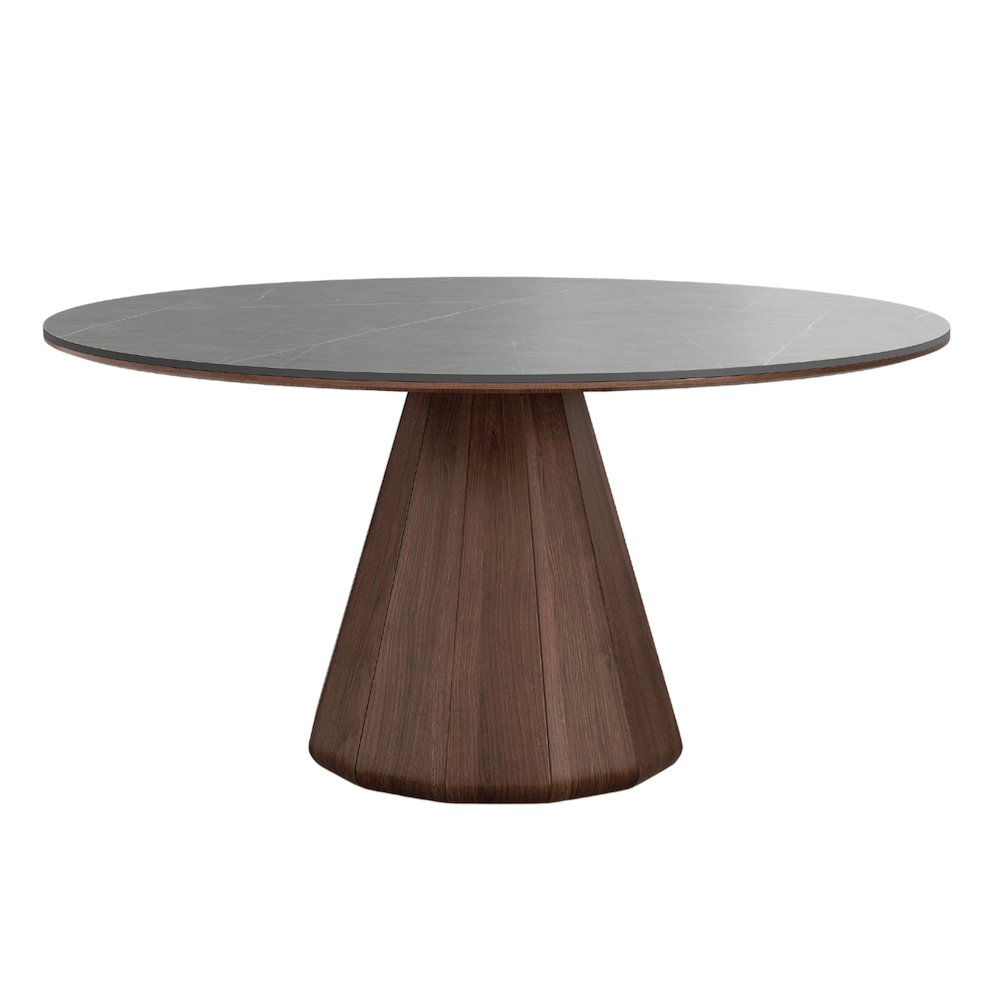 Eric 53 In Round Dining Table With Walnut Base And Gray Marbled Ceramic Top. Picture 1