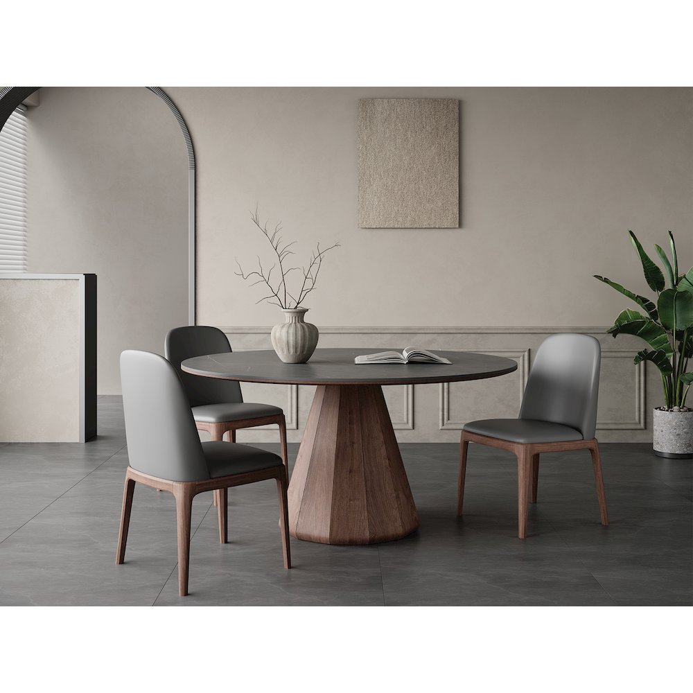 Eric 53 In Round Dining Table With Walnut Base And Gray Marbled Ceramic Top. Picture 6