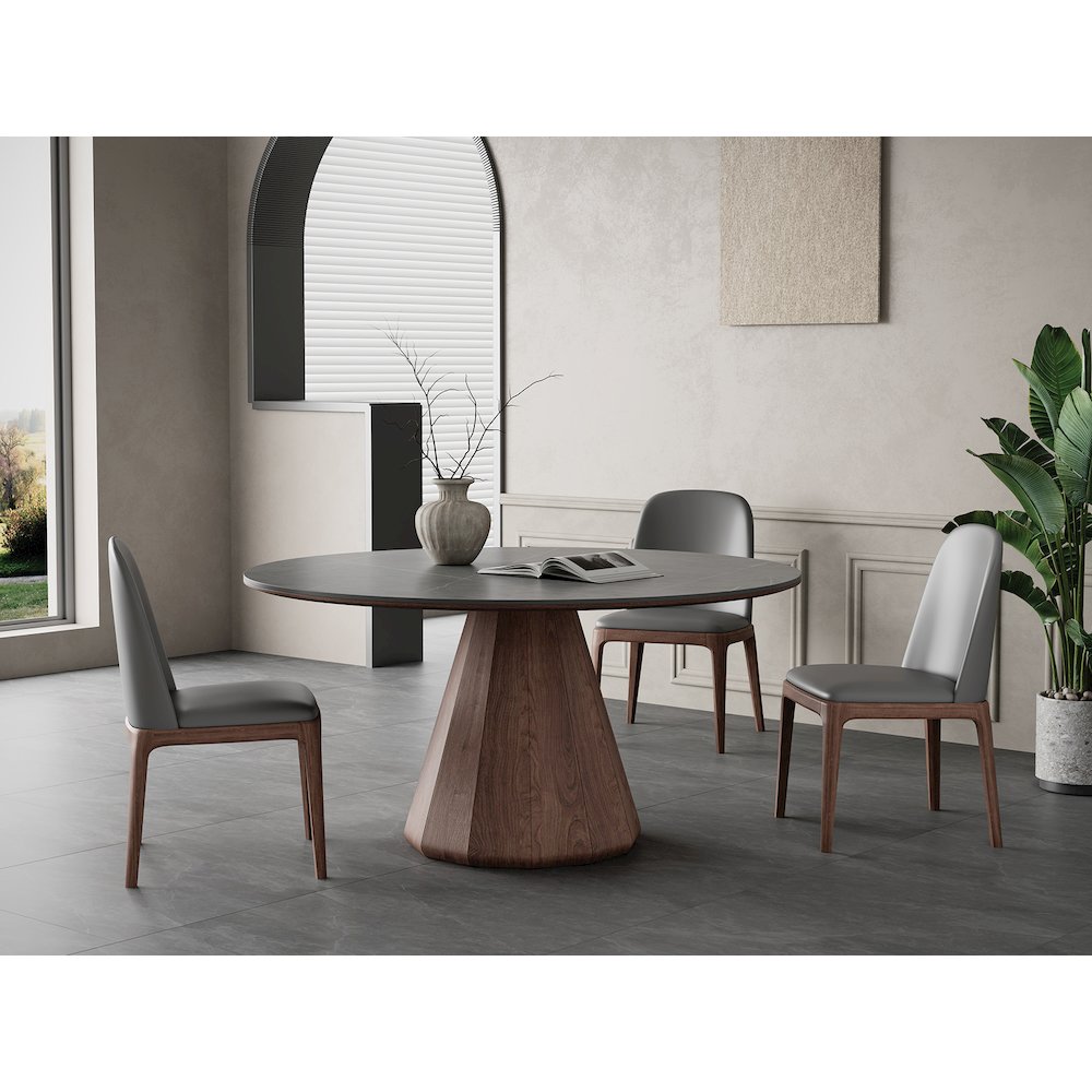 Eric 53 In Round Dining Table With Walnut Base And Gray Marbled Ceramic Top. Picture 7