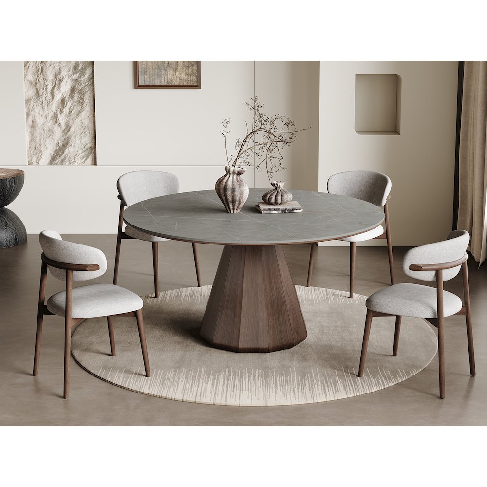 Eric 53 In Round Dining Table With Walnut Base And Gray Marbled Ceramic Top. Picture 4