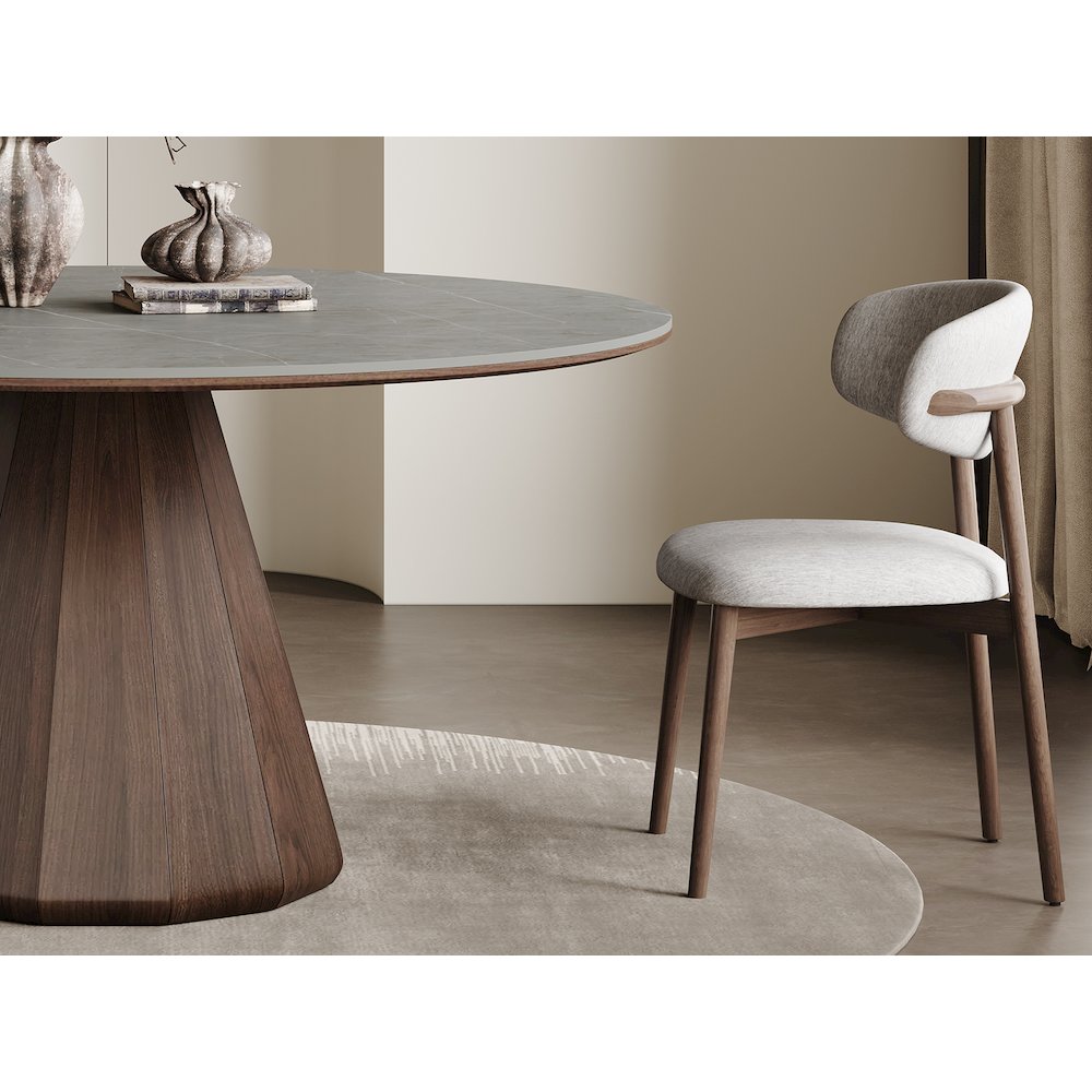 Eric 53 In Round Dining Table With Walnut Base And Gray Marbled Ceramic Top. Picture 5