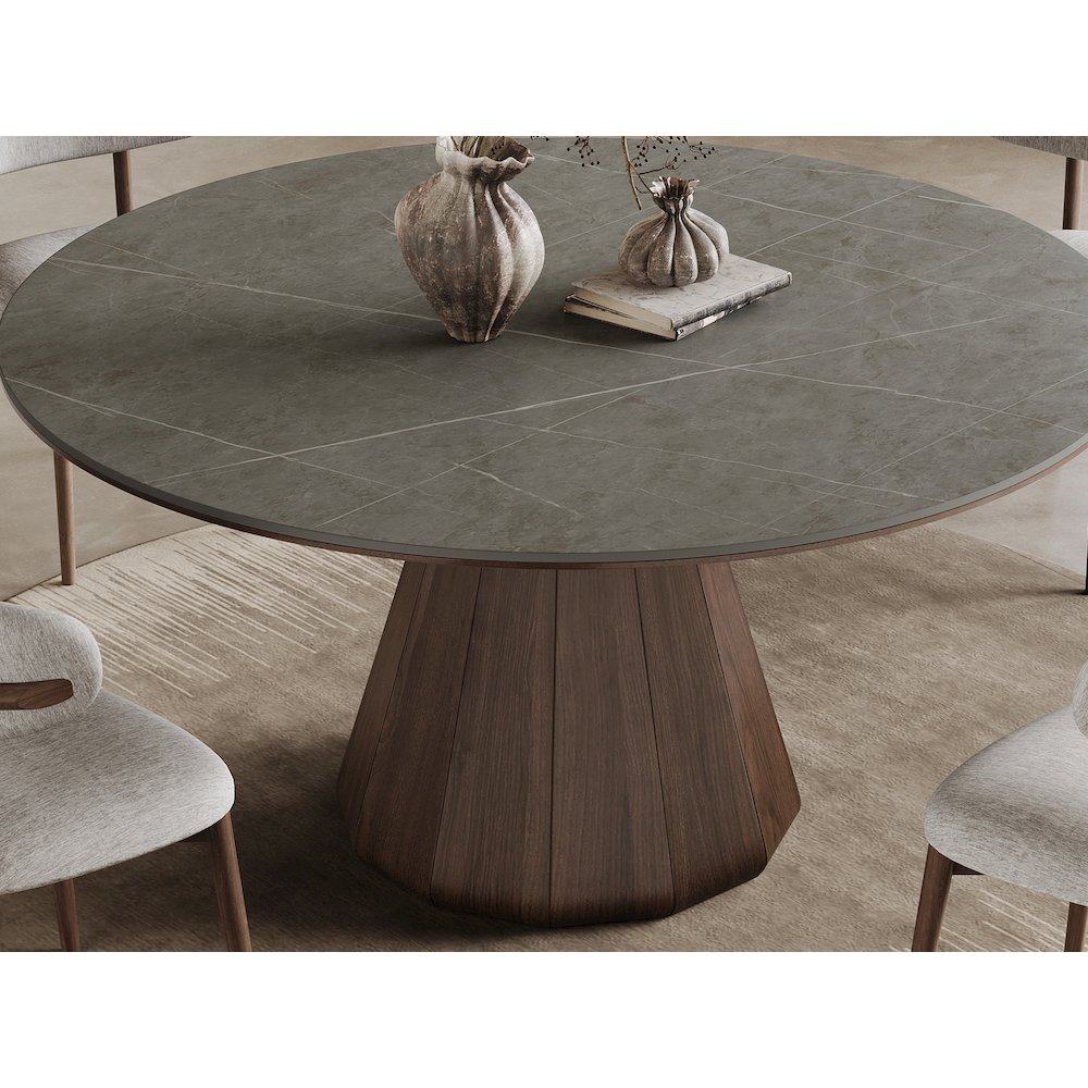Eric 53 In Round Dining Table With Walnut Base And Gray Marbled Ceramic Top. Picture 8