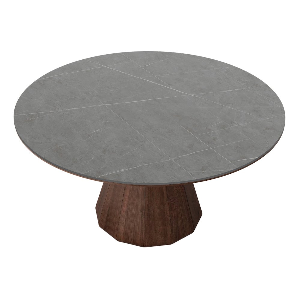 Eric 53 In Round Dining Table With Walnut Base And Gray Marbled Ceramic Top. Picture 2