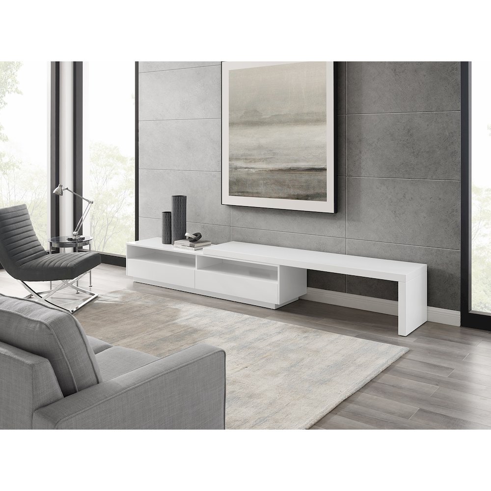 Celine Extendable Entertainment Center In White Matte With Storage. Picture 3