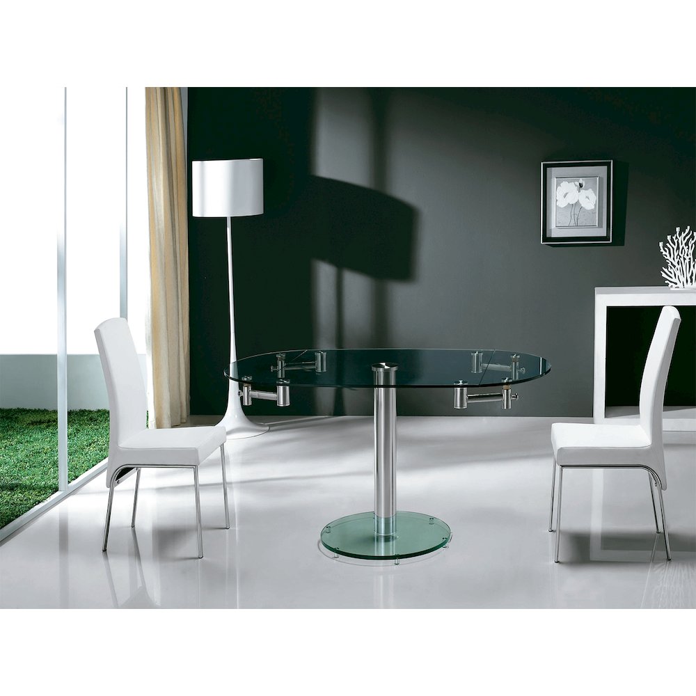 Thao Manual Dining Table With Stainless Base And Clear Top. Picture 6