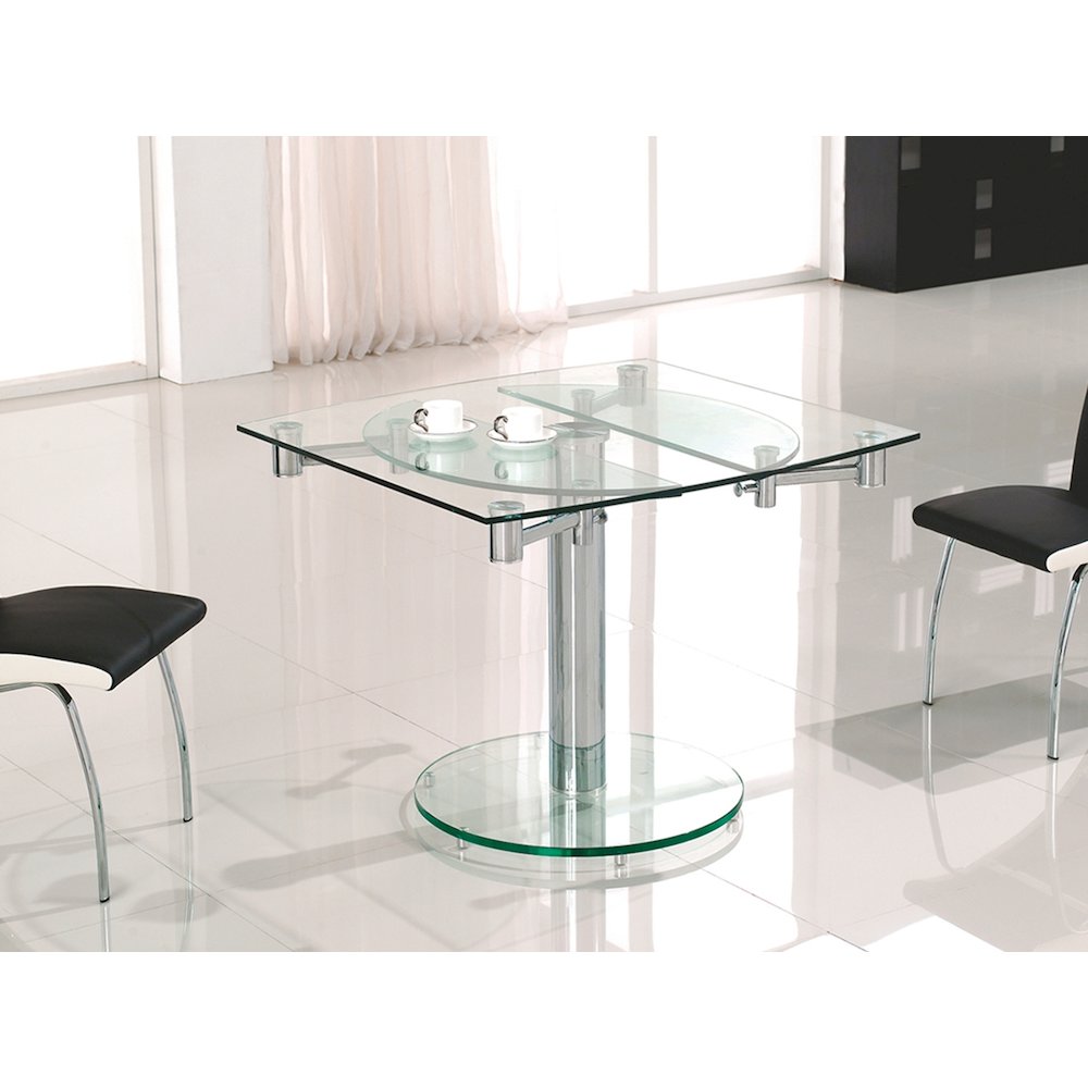 Thao Manual Dining Table With Stainless Base And Clear Top. Picture 4