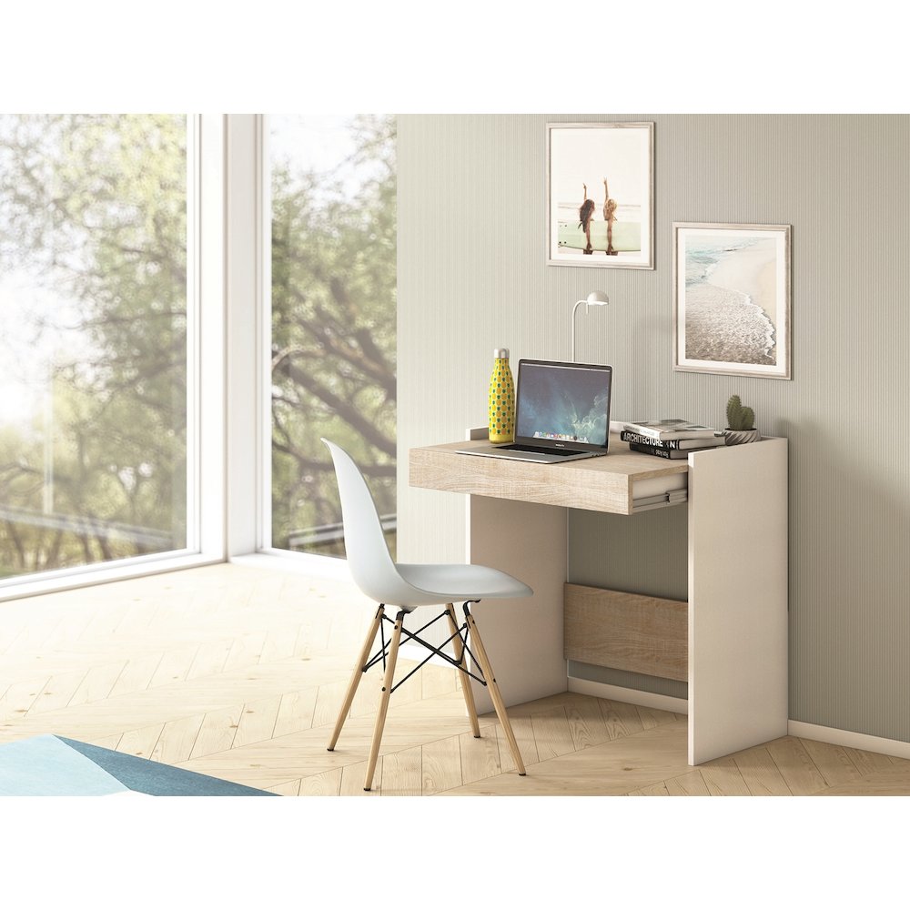 Lulu Office Desk In Light Oak Concrete Melamine With Storage. Picture 3