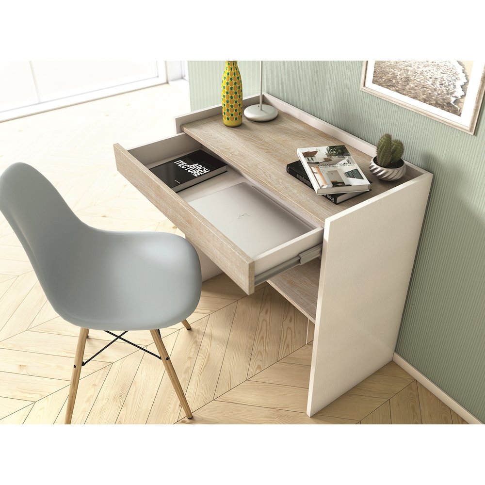 Lulu Office Desk In Light Oak Concrete Melamine With Storage. Picture 4