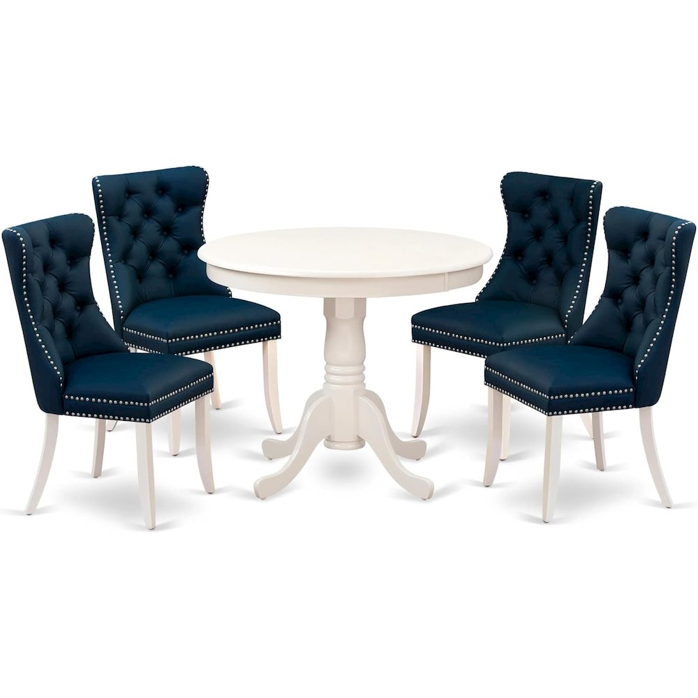 East West Furniture ANDA5-LWH-29 5 Piece Dining Room Set Consists of a Round Kitchen Table with Pedestal and 4 Upholstered Chairs, Linen White. Picture 1