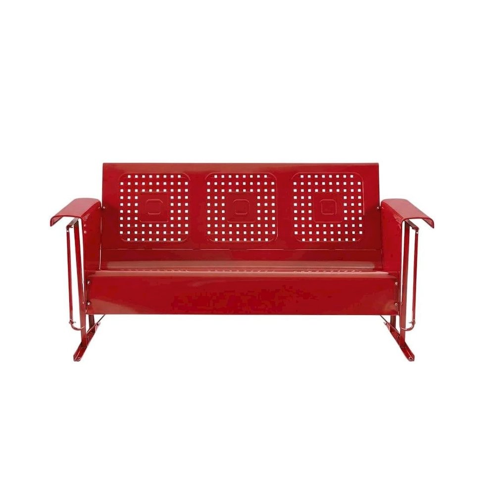 Red outdoor sofa glider with sturdy frame and comfortable seating for three. Picture 5