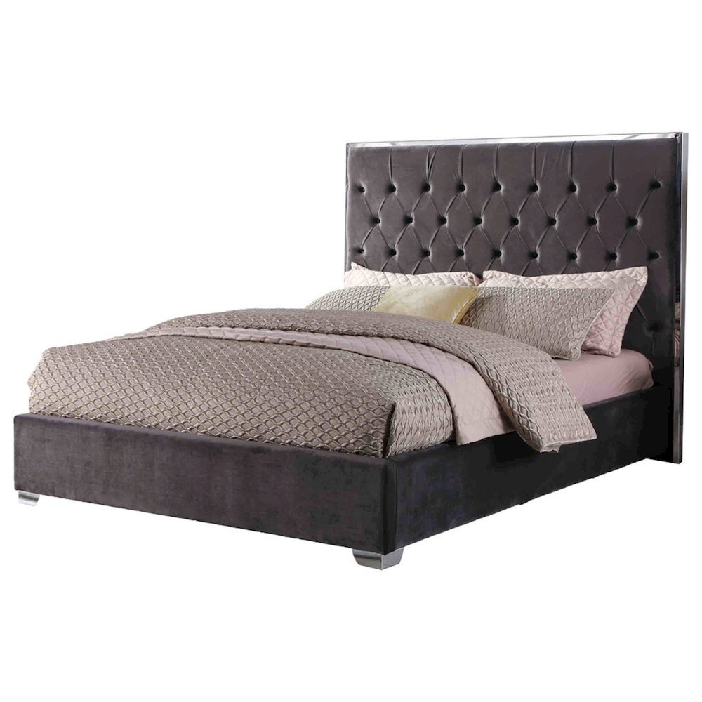 Best Master Kressa Velour Fabric Tufted Cali King Platform Bed in Dark Gray. Picture 1