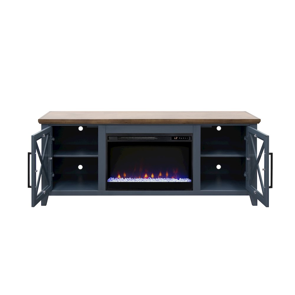 66 inch Fireplace TV Stand, For TVs up to 80 inches, Blue and Bourbon Finish. Picture 6