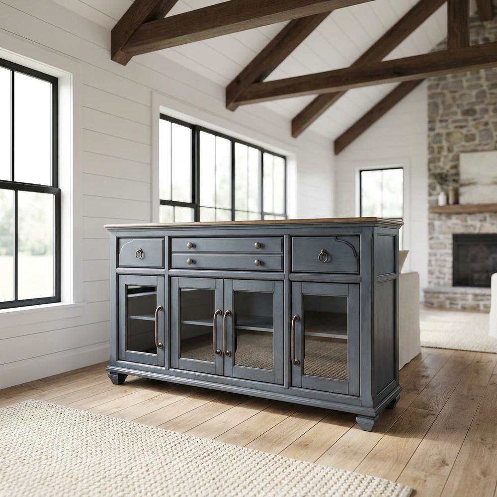 Blue Corduroy Finish Dining Server with Traditional and Coastal Style. Picture 2