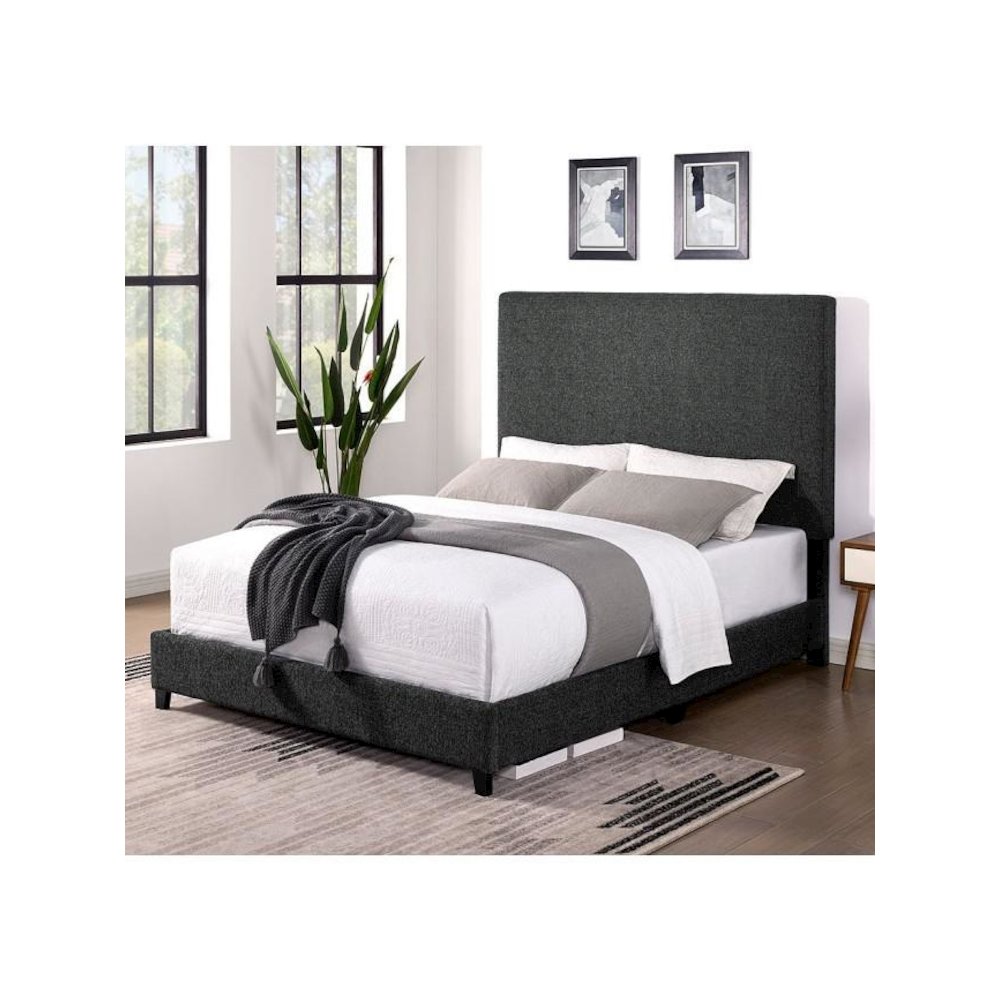 King Size Tall Grey Headboard Upholstered Platform Bed. Picture 1