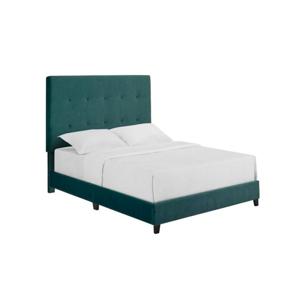 Queen Size Tall Green Velvet Tufted Headboard Upholstered Platform Bed. Picture 1