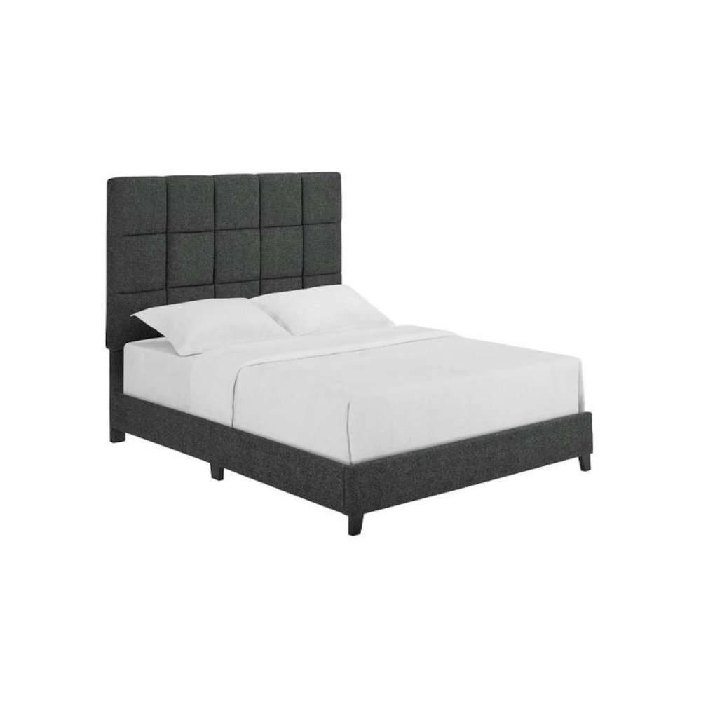 Queen Size Tall Grey Square Headboard Upholstered Platform Bed. Picture 1