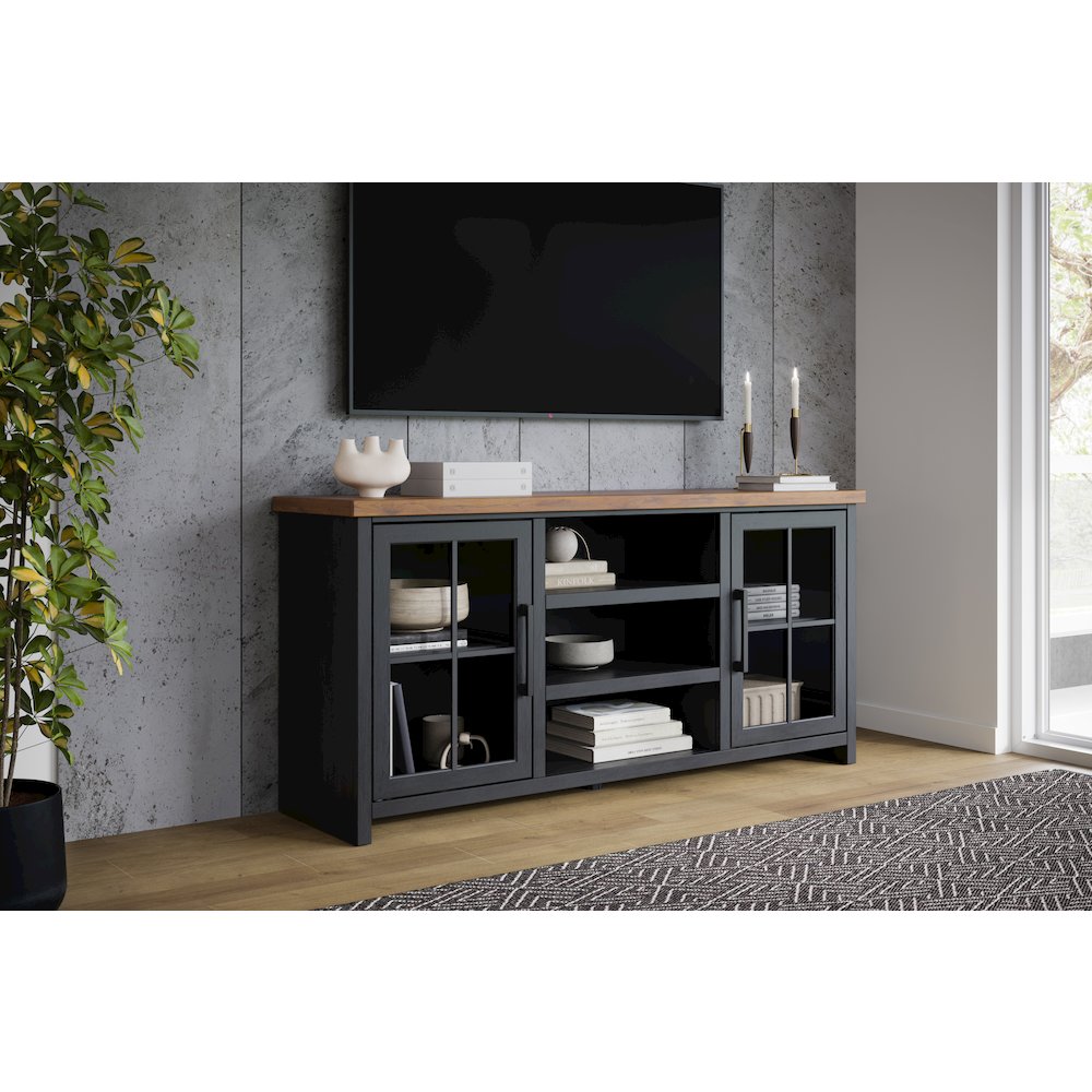 Essex 67 inch TV Stand Console for TVs up to 80 inches, Black and Whiskey Finish. Picture 5