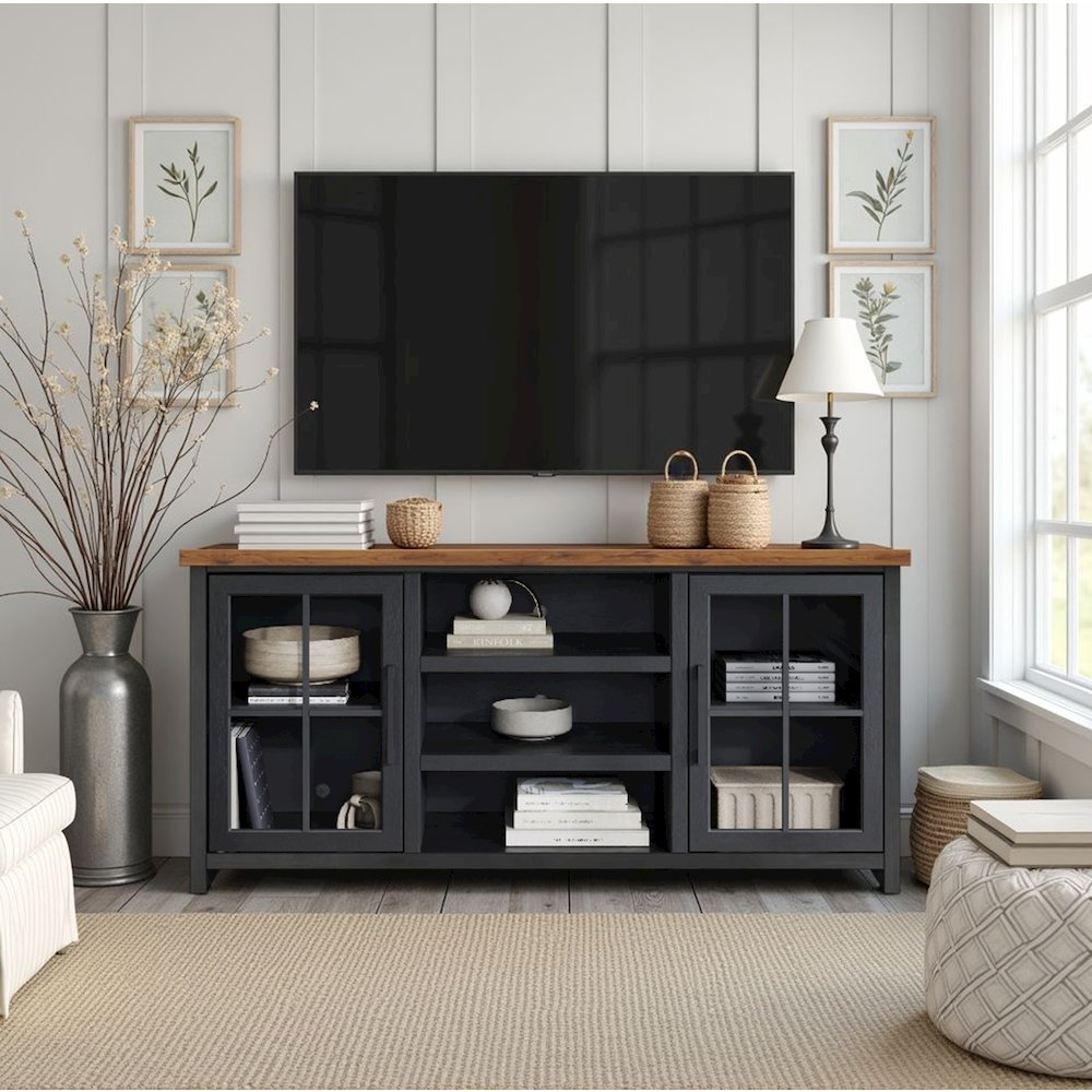 Essex 67 inch TV Stand Console for TVs up to 80 inches, Black and Whiskey Finish. Picture 2